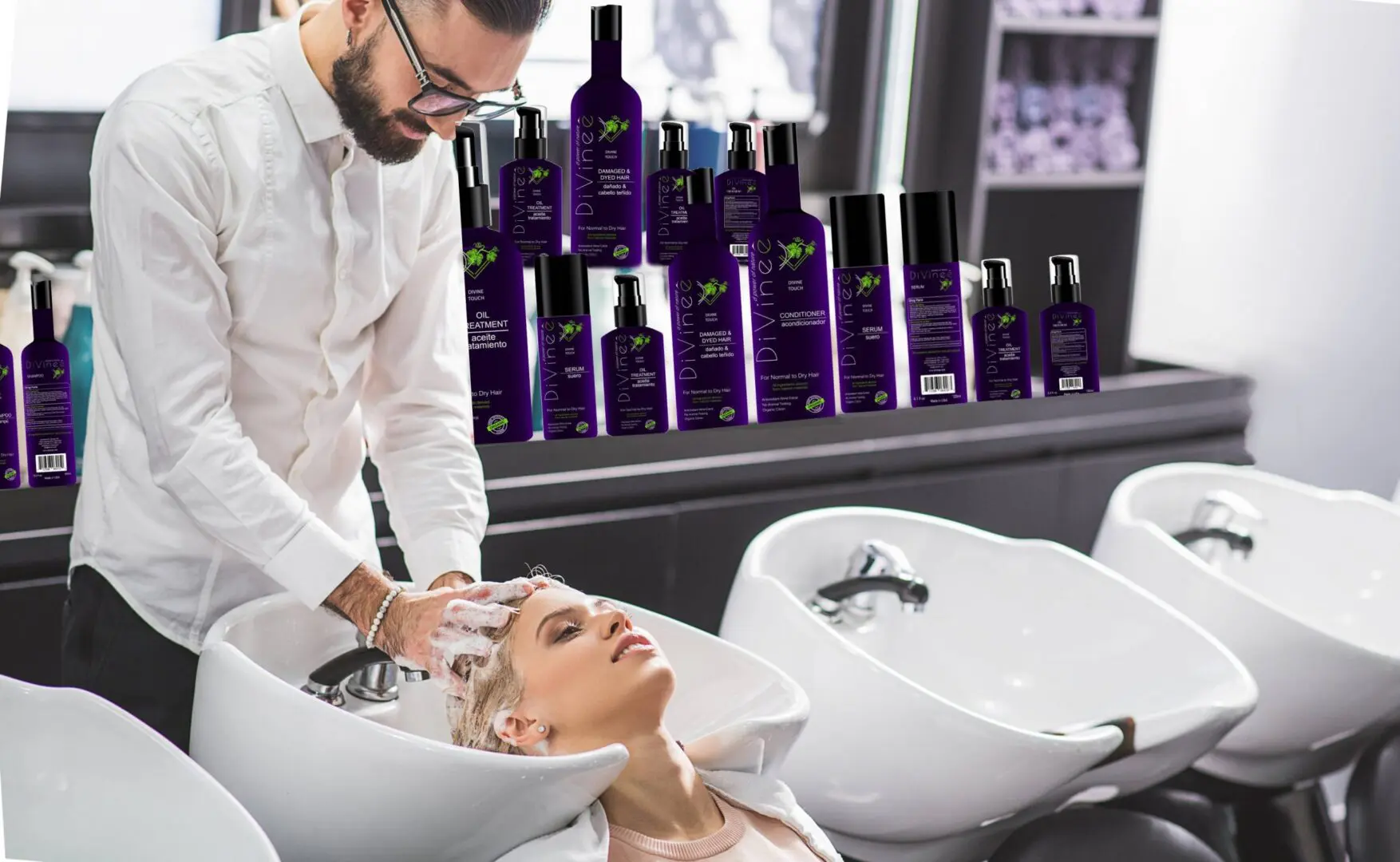 A man is washing the hair of a woman in a sink.