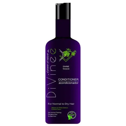 A bottle of conditioner for hair with purple label.