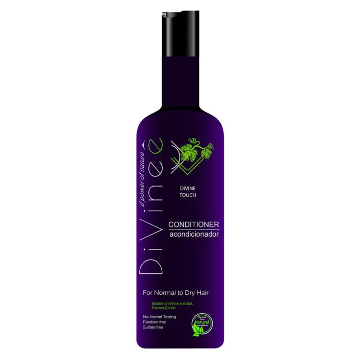 A bottle of conditioner with purple label and green logo.